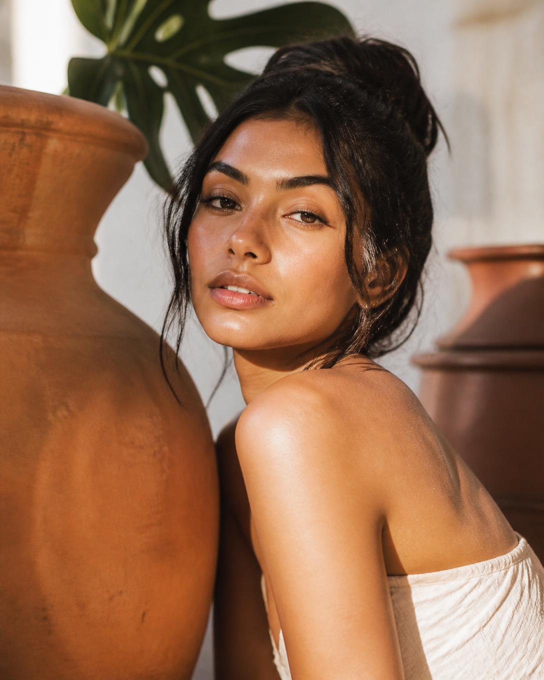Retrato editorial de mulher com pele luminosa em ambiente botânico